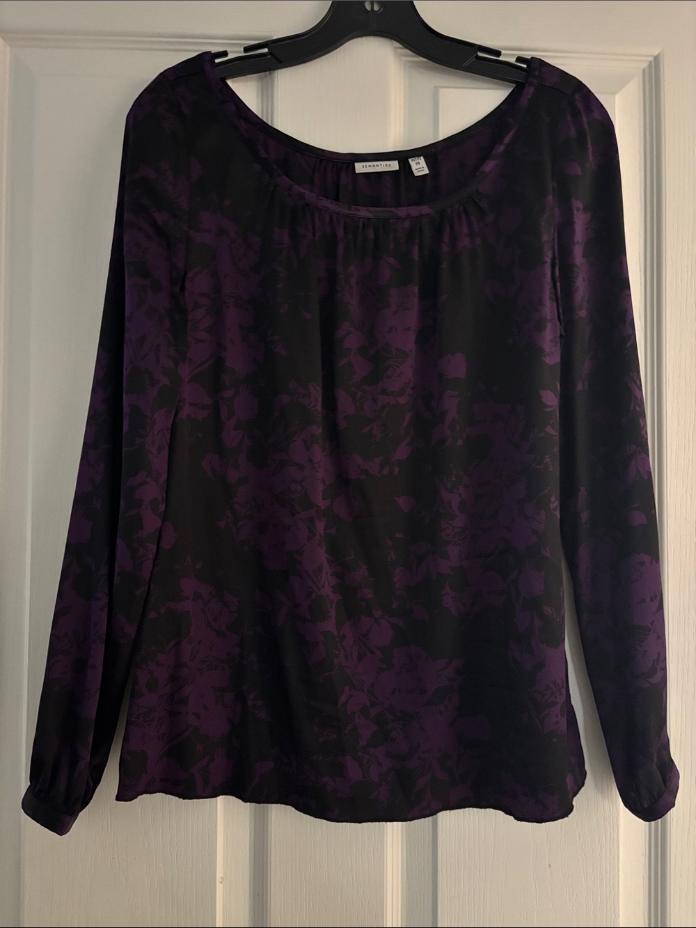 Semantiks Silk Black and Purple Floral Long-Sleeve Blouse Sz XSP